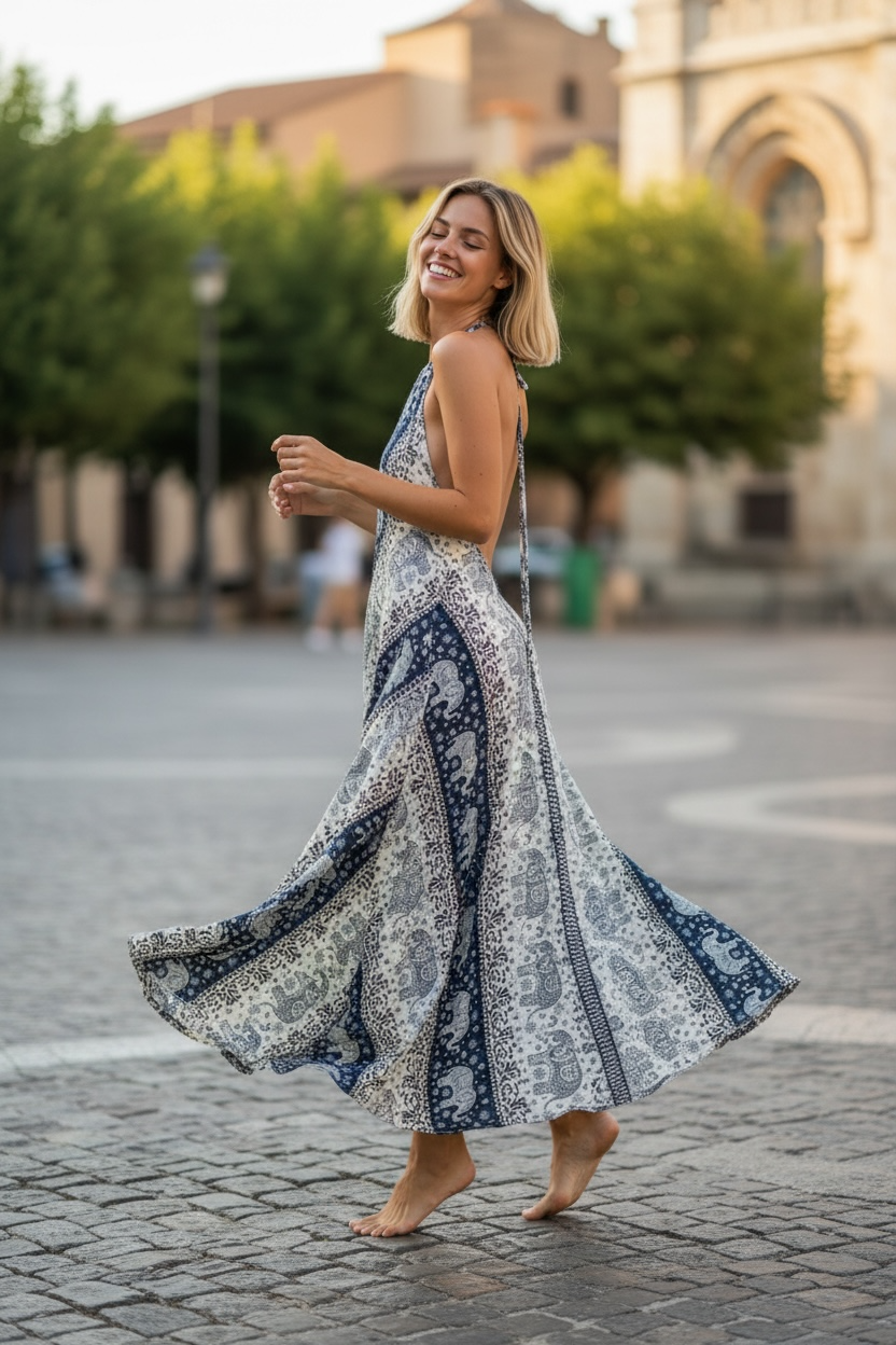 Indigo Elephant Stripe Halter Maxi Dress
