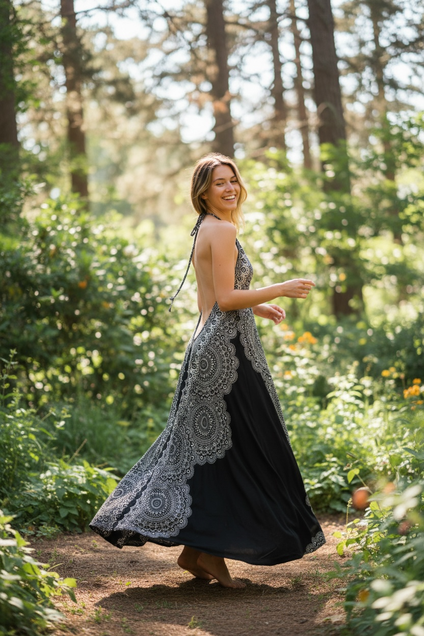 Midnight Forest Halter Maxi Dress
