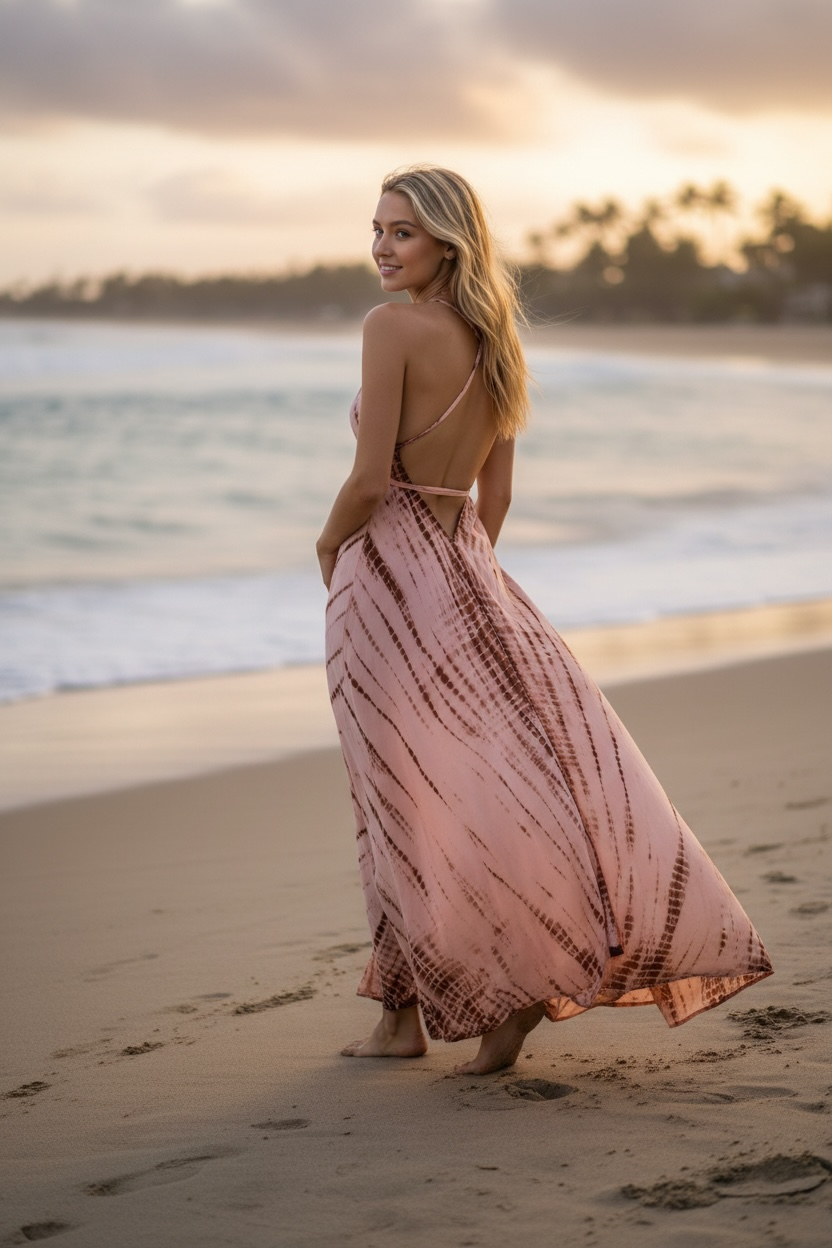 Desert Rose Shibori Backless Maxi Dress | Boho Tie Dye Halter Dress | Flowy Beach Resort Dress