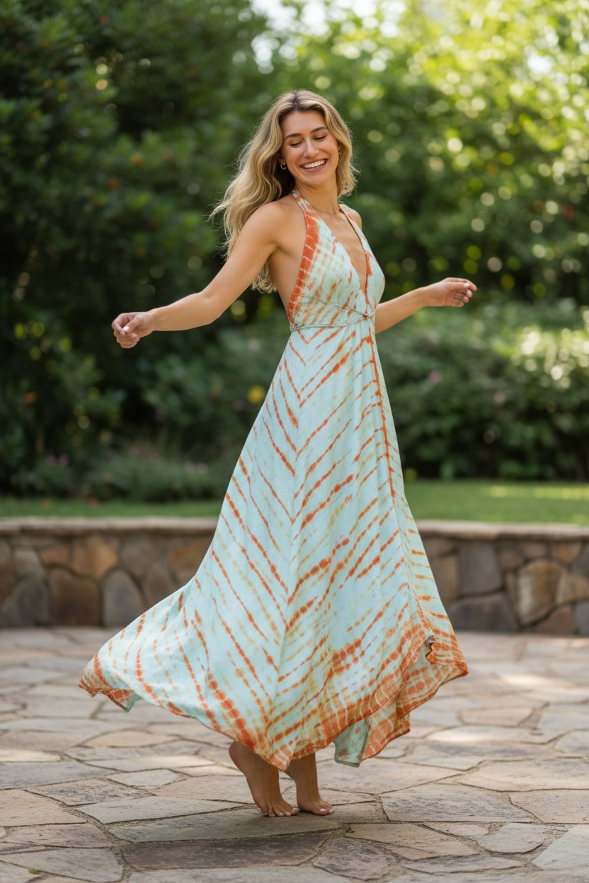 Coral Reef Shibori Backless Maxi Dress | Boho Tie Dye Halter Dress | Flowy Resort Dress