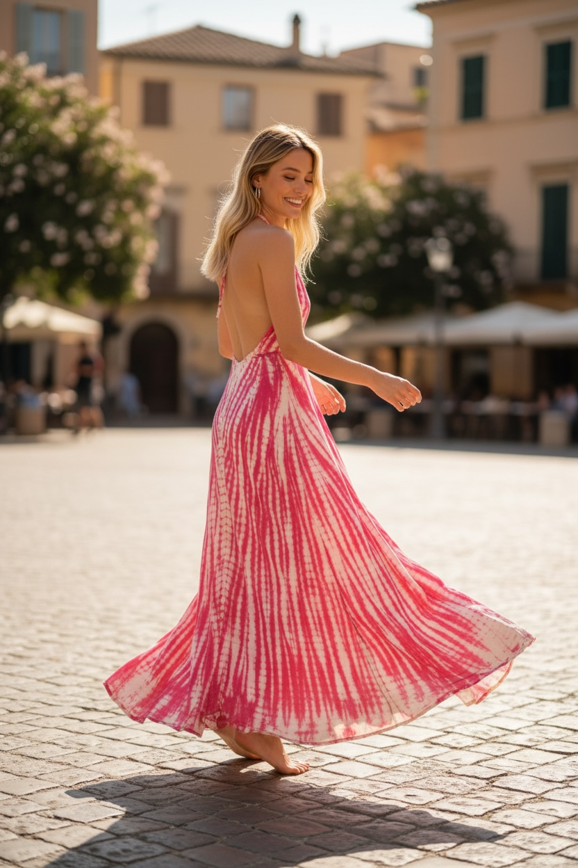 Sunset Rose Shibori Backless Maxi Dress | Boho Tie Dye Halter Dress | Flowy Summer Dress