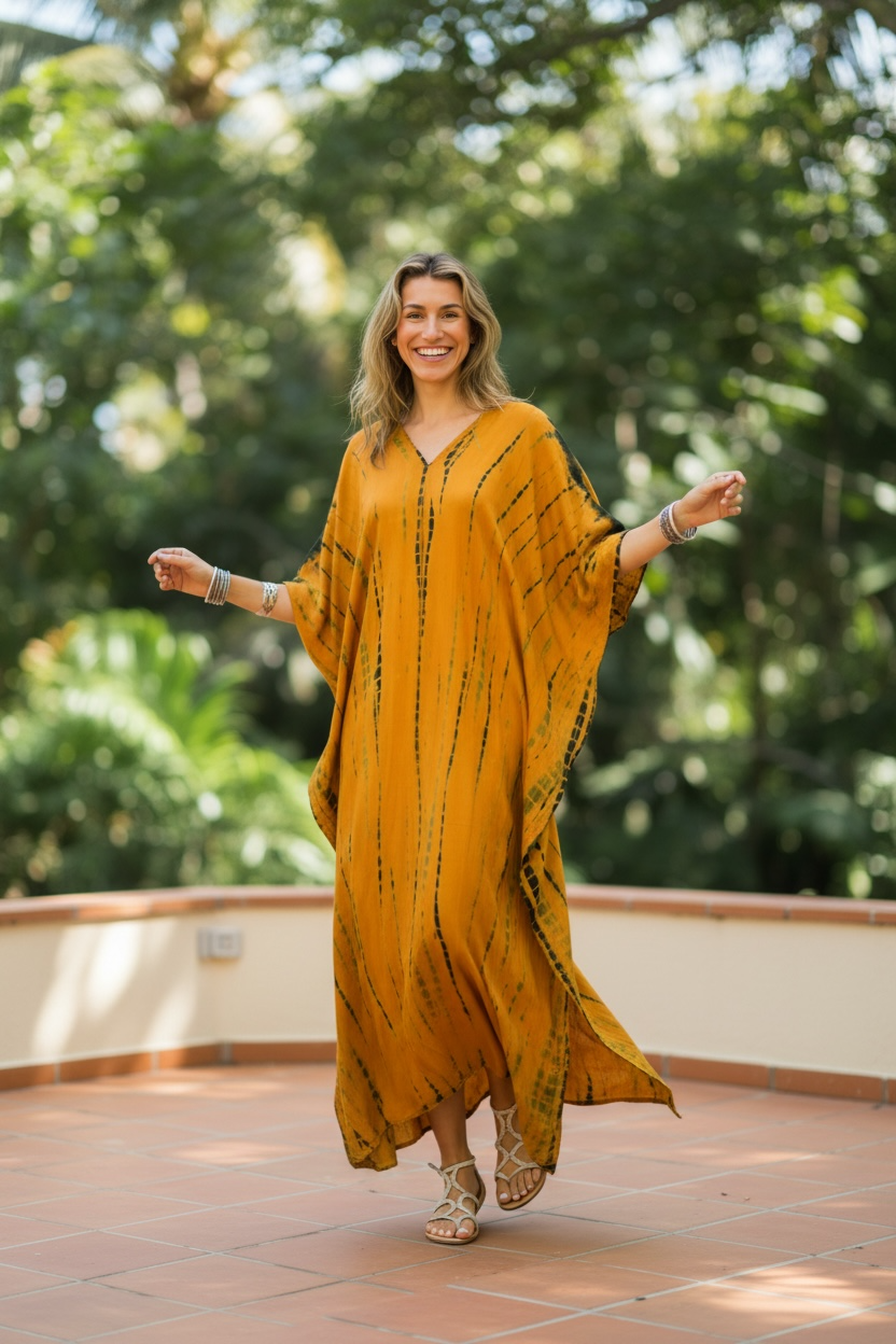 Golden Ember Waves Shibori Kaftan