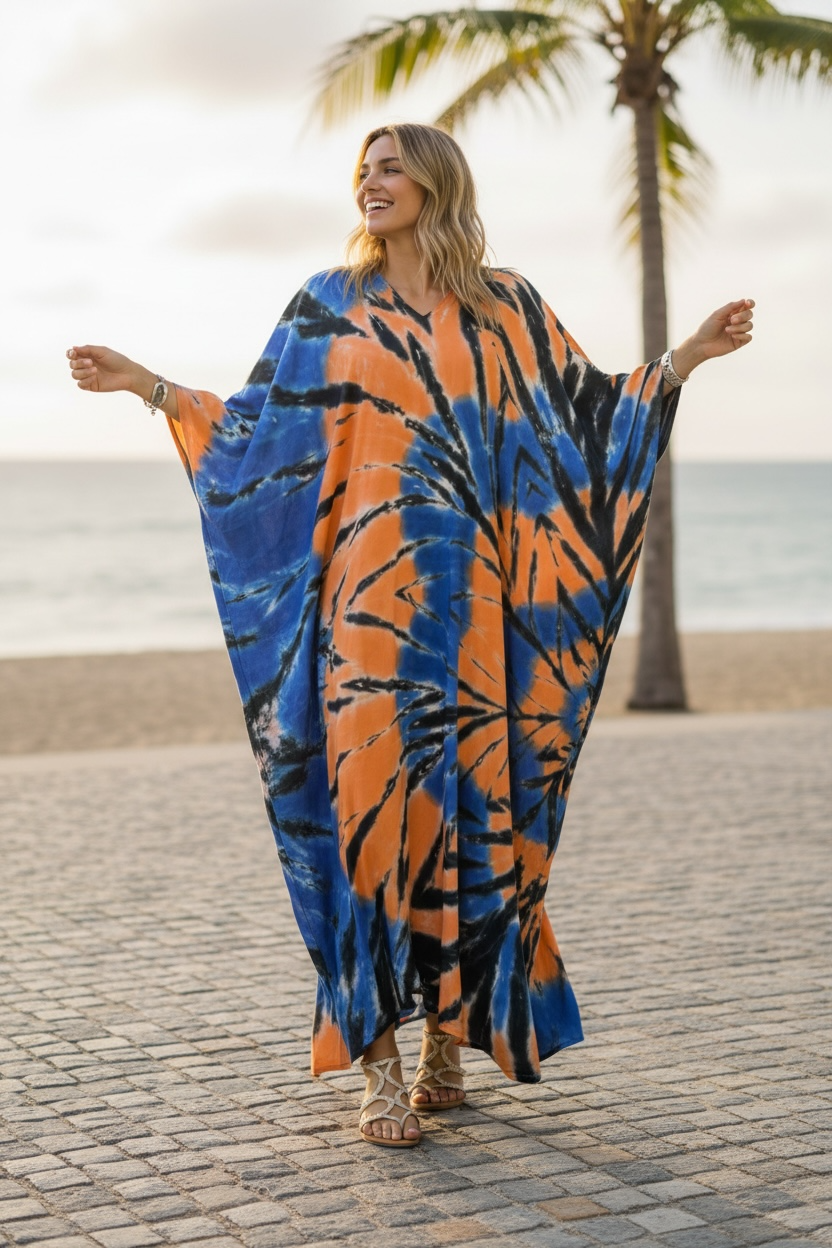 Sunset Tide Tie-Dye Kaftan Dress | Boho Oversized Caftan | Beach & Resort Wear