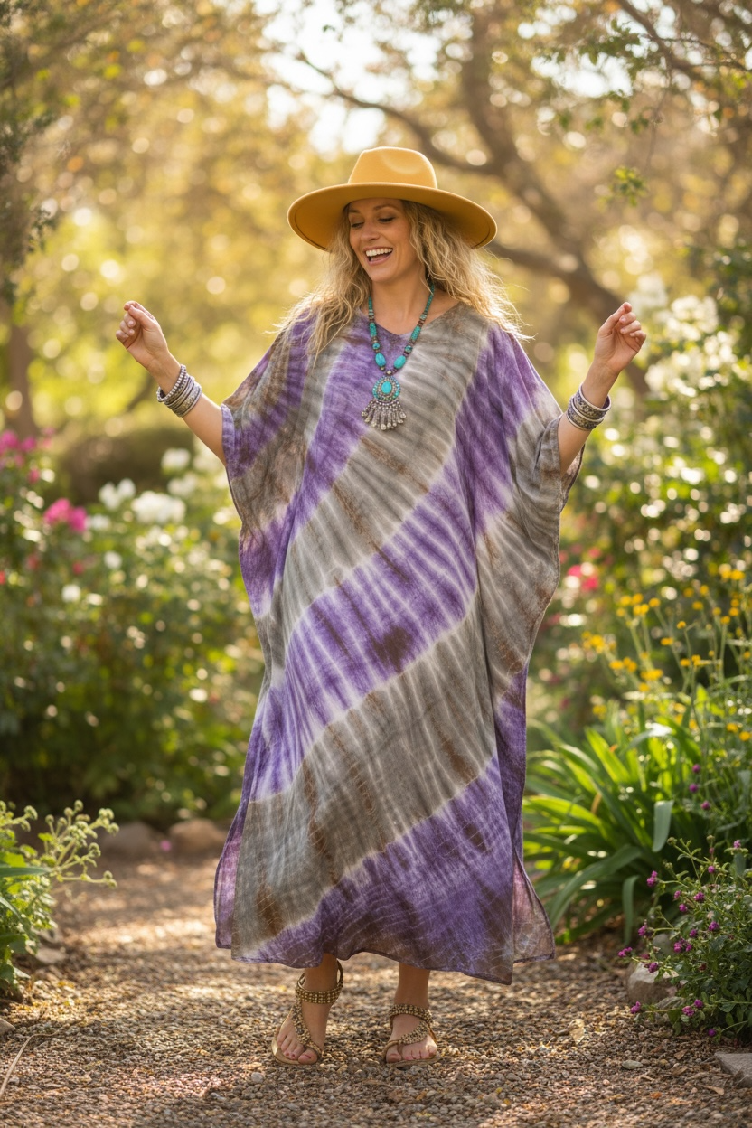 Amethyst Earth Tie-Dye Kaftan Dress | Boho Oversized Caftan | Relaxed Resort & Lounge Wear
