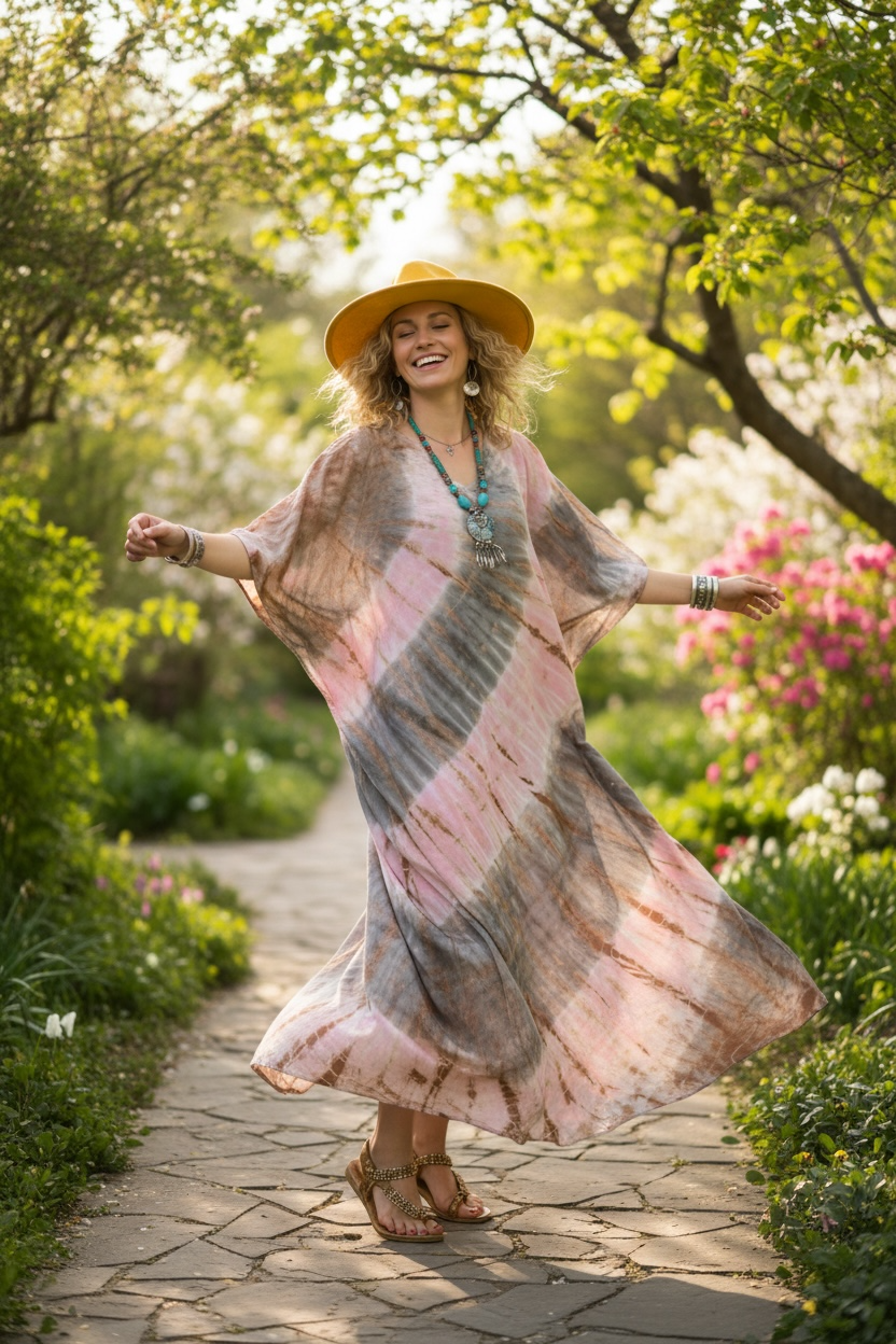 Blush Dune Tie-Dye Kaftan Dress | Boho Oversized Caftan | Soft Earth Tone Resort Wear