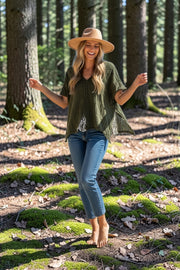 Olive Cotton Gauze Blouse | Boho Crinkled Cotton Top | Organic Lightweight Blouse