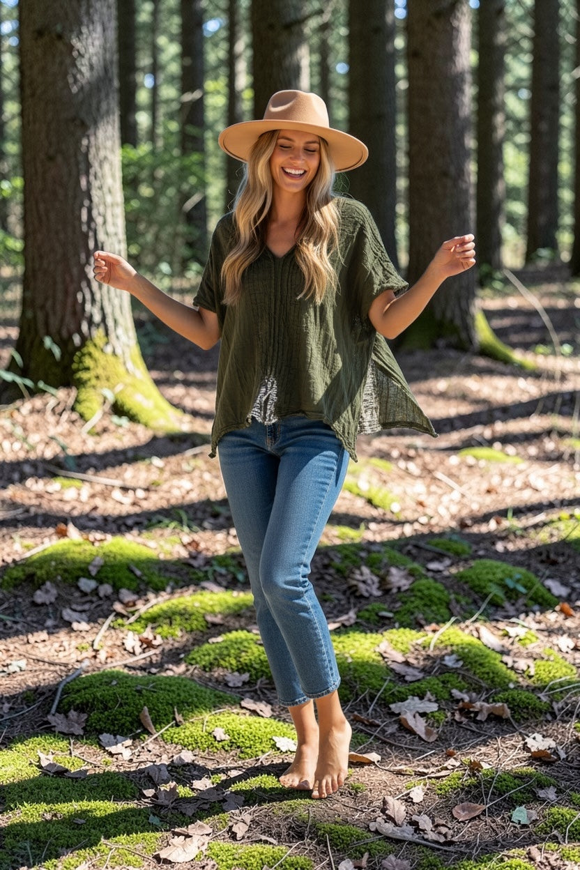 Olive Cotton Gauze Blouse | Boho Crinkled Cotton Top | Organic Lightweight Blouse