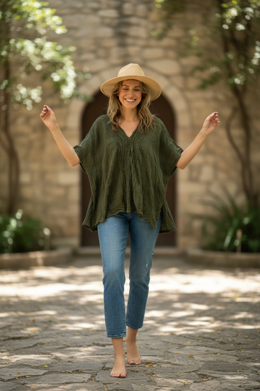 Olive Cotton Gauze Blouse | Boho Crinkled Cotton Top | Organic Lightweight Blouse