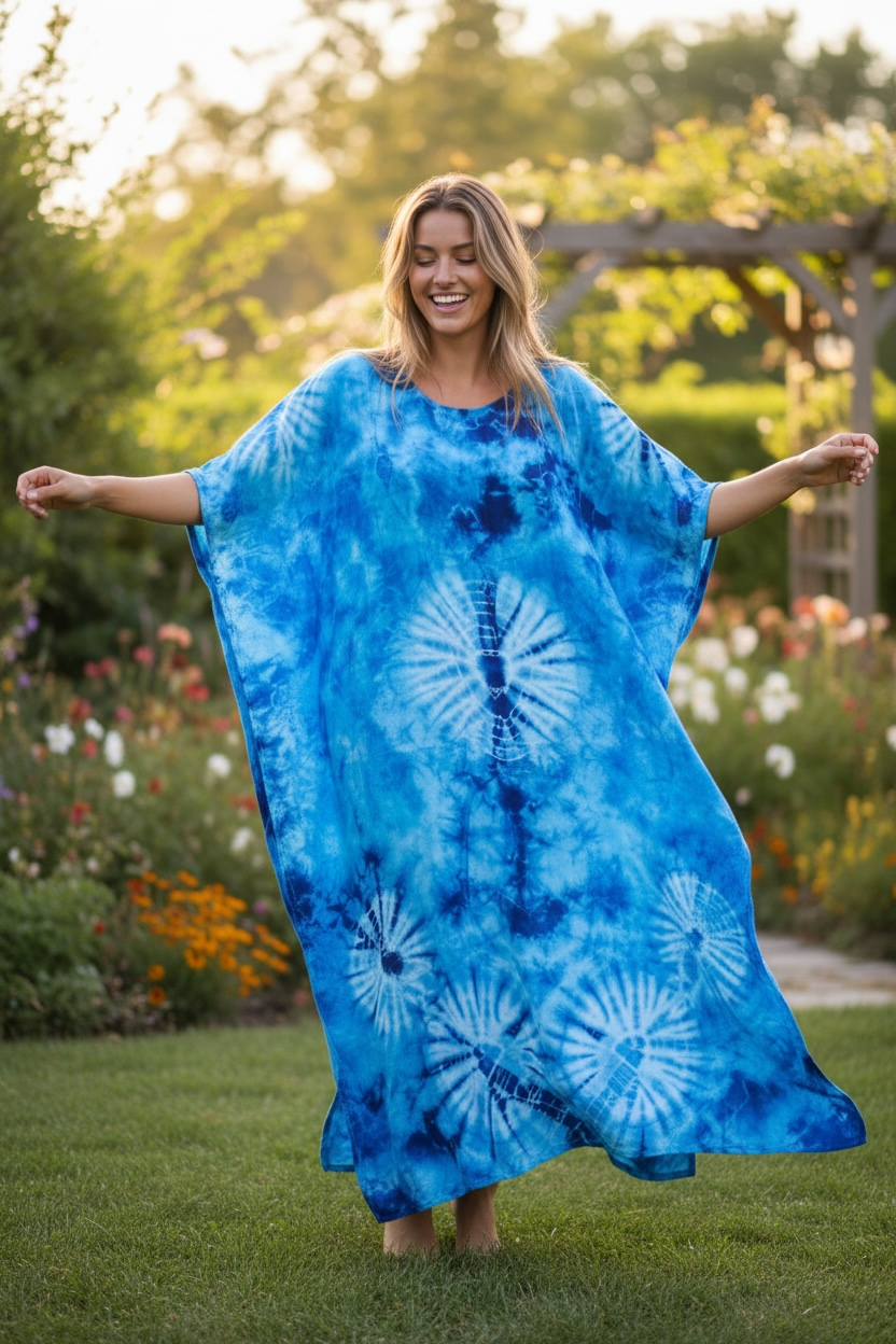 Azure Garden Shibori Waves Kaftan