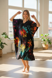 Black Shibori Tie-Dye Kaftan Dress | Hand-Dyed Boho Caftan | Lounge & Resort Wear