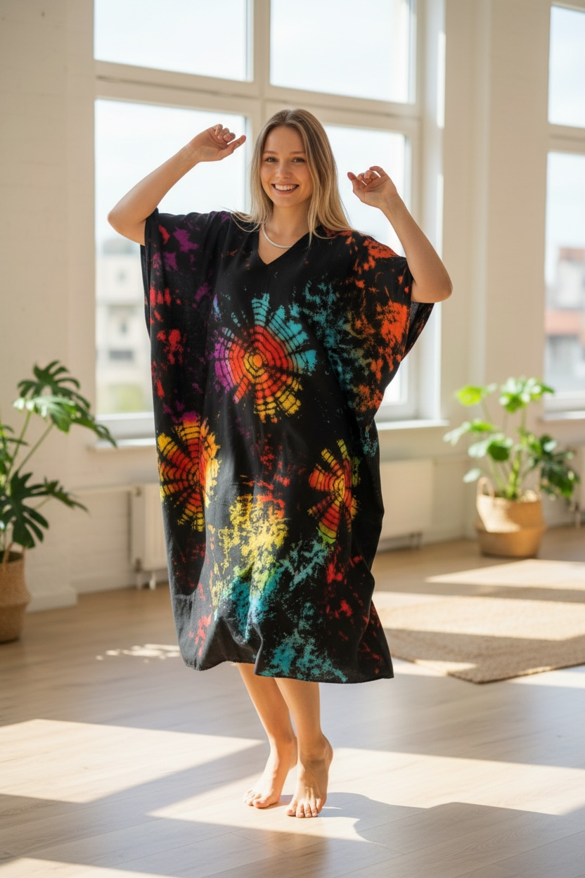 Black Shibori Tie-Dye Kaftan Dress | Hand-Dyed Boho Caftan | Lounge & Resort Wear
