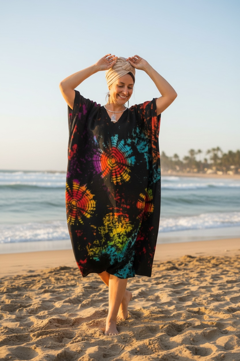 Black Shibori Tie-Dye Kaftan Dress | Hand-Dyed Boho Caftan | Lounge & Resort Wear