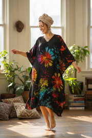 Black Shibori Tie-Dye Kaftan Dress | Hand-Dyed Boho Caftan | Lounge & Resort Wear