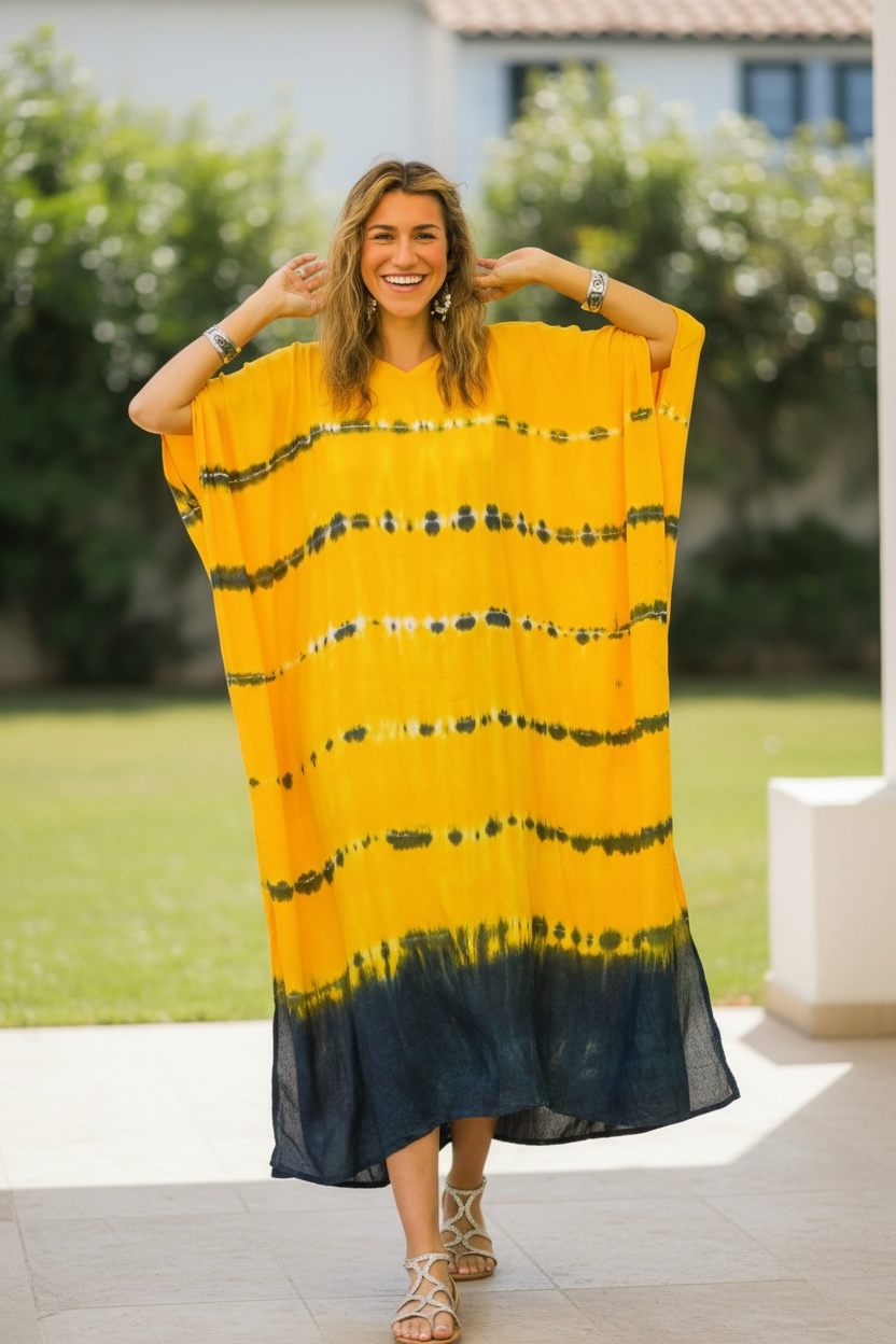 Golden Horizon Tie-Dye Kaftan | Boho Oversized Dress | Beach & Lounge Wear