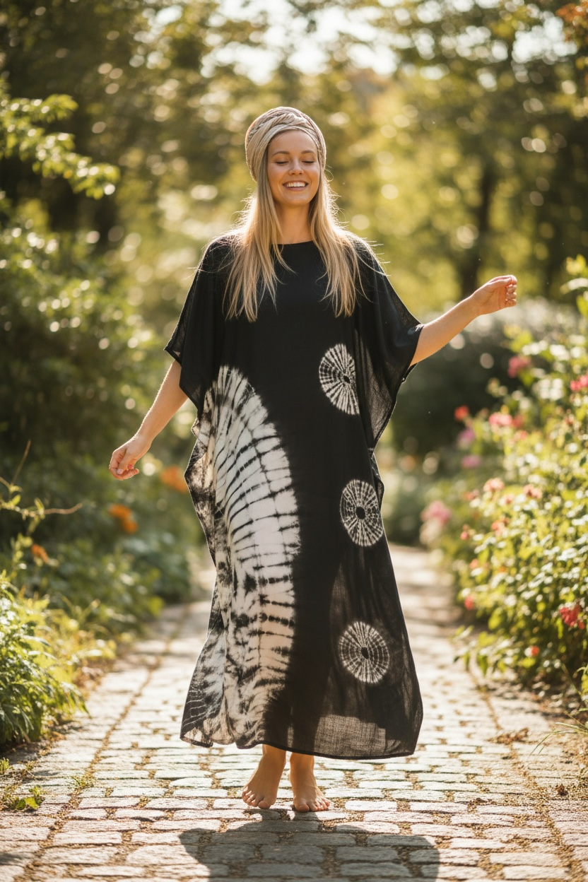 Black & White Shibori Kaftan Dress | Hand-Dyed Boho Caftan | Oversized Beach & Lounge Wear
