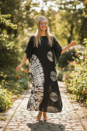 Black & White Shibori Kaftan Dress | Hand-Dyed Boho Caftan | Oversized Beach & Lounge Wear