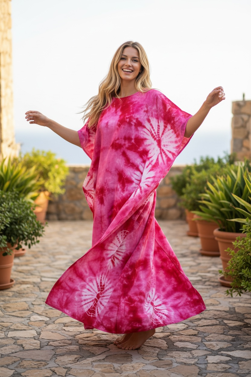 Rose Bloom Tie-Dye Kaftan Dress | Boho Oversized Caftan | Resort & Lounge Wear