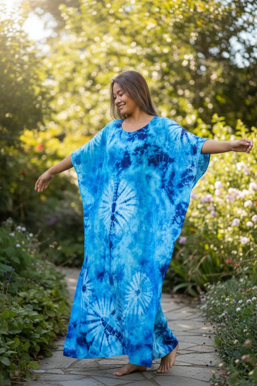 Ocean Wave Tie-Dye Kaftan Dress | Boho Oversized Caftan | Beach & Resort Wear
