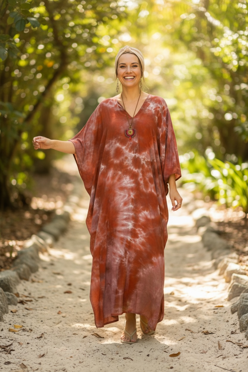 Terracotta Drift Tie-Dye Kaftan Dress | Boho Oversized Caftan | Resort & Lounge Wear