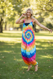 Sunburst Spiral Tie-Dye Dungarees Romper | Boho Festival Jumpsuit | Adjustable Strap Harem Pants