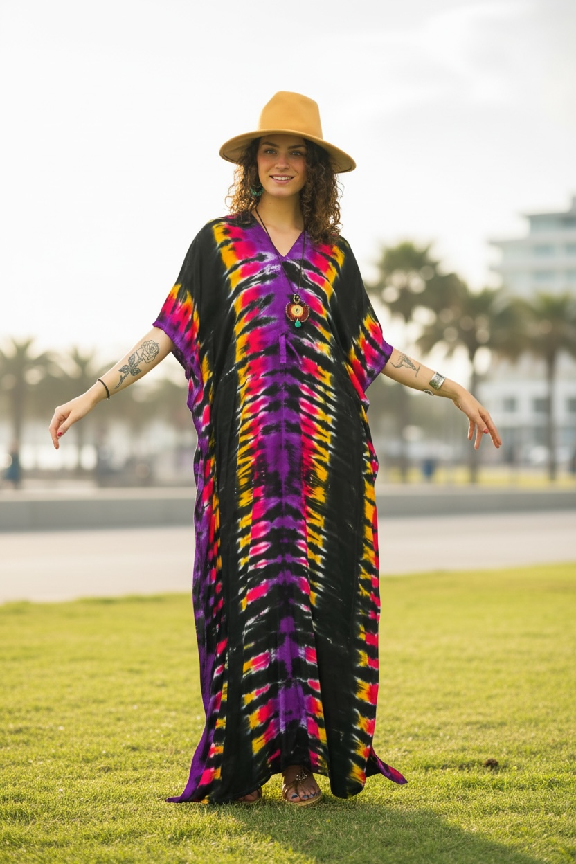 Electric Dusk Tie-Dye Kaftan Dress