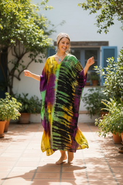 Jungle Rhythm Waves Kaftan Dress – Hand Dyed Boho Maxi, Flowy Oversized Fit, Lightweight Rayon