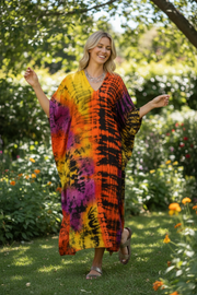 Sunset Ember Waves Kaftan Dress – Hand Dyed Boho Maxi, Flowy Oversized Fit, Lightweight Rayon