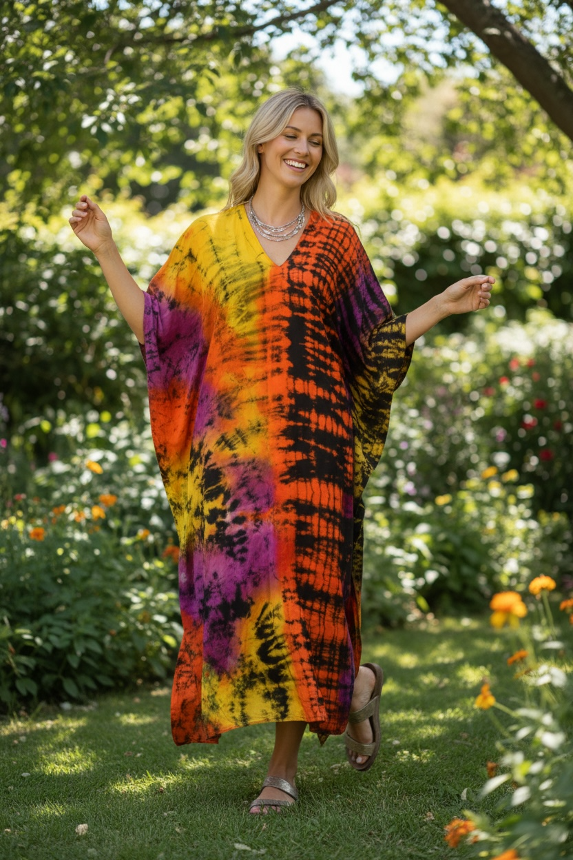 Sunset Ember Waves Kaftan Dress – Hand Dyed Boho Maxi, Flowy Oversized Fit, Lightweight Rayon