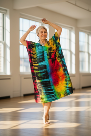 Rainbow Rhythm Waves Kaftan Dress – Hand Dyed Boho Maxi, Flowy Oversized Fit, Lightweight Rayon