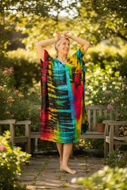 Rainbow Rhythm Waves Kaftan Dress – Hand Dyed Boho Maxi, Flowy Oversized Fit, Lightweight Rayon