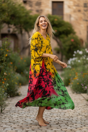 Sunfire Waves Kaftan Dress – Hand Dyed Boho Maxi, Flowy Relaxed Fit, Lightweight Rayon