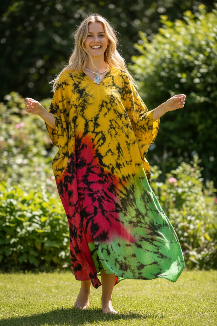 Sunfire Waves Kaftan Dress – Hand Dyed Boho Maxi, Flowy Relaxed Fit, Lightweight Rayon
