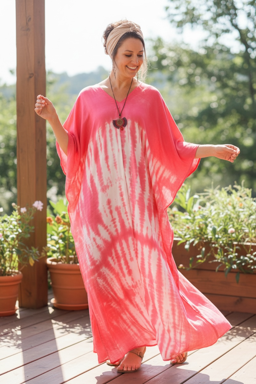 Coral Bliss Waves Kaftan Dress – Hand Dyed Boho Maxi, Flowy Relaxed Fit, Lightweight Rayon