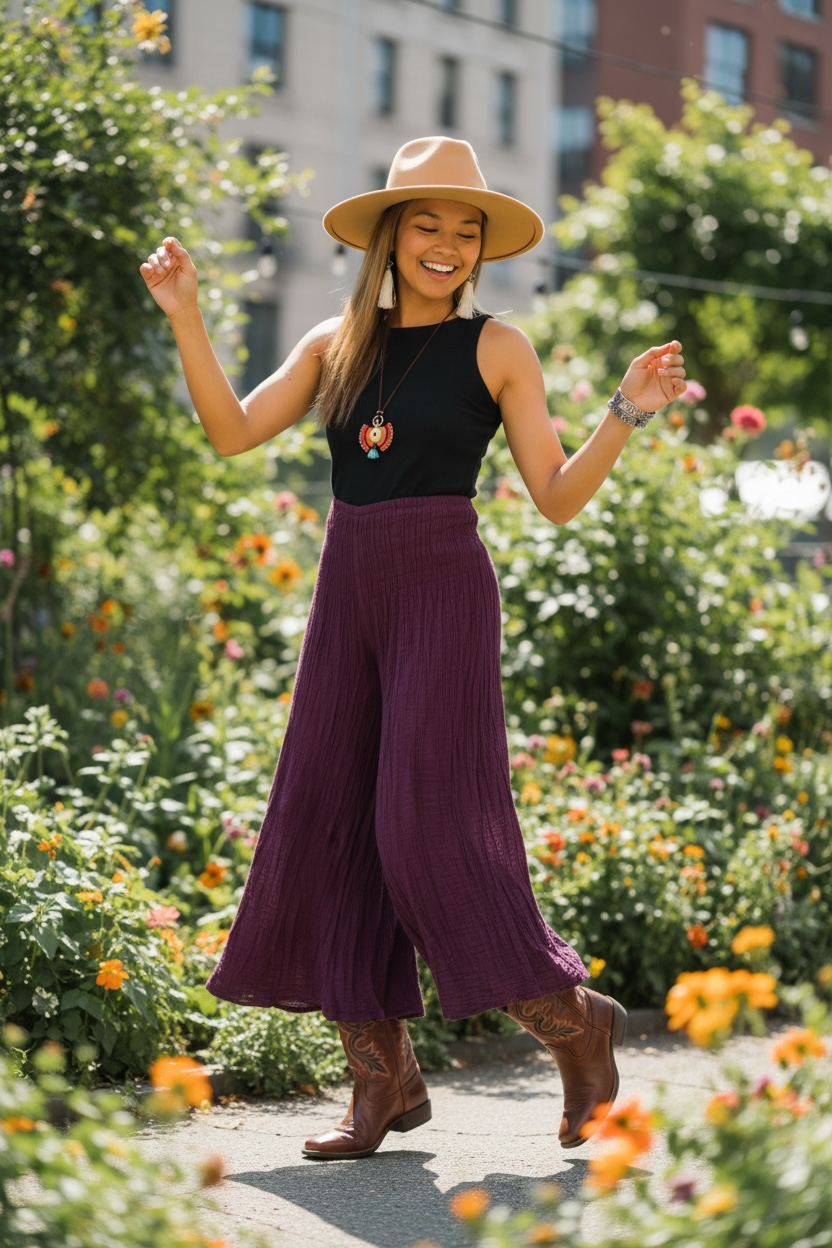 Plum Flow Boho Pants – Organic Double Gauze Cotton, Wide Leg Palazzo, Elastic Waist