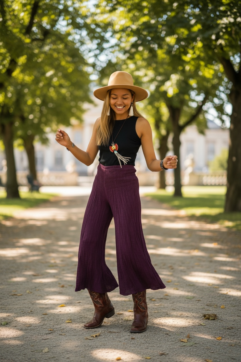 Plum Flow Boho Pants – Organic Double Gauze Cotton, Wide Leg Palazzo, Elastic Waist