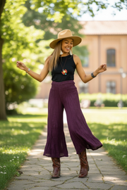 Plum Flow Boho Pants – Organic Double Gauze Cotton, Wide Leg Palazzo, Elastic Waist