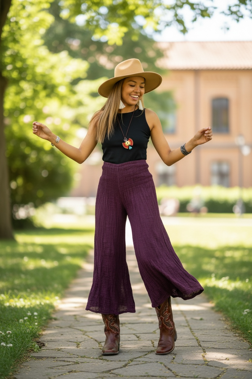 Plum Flow Boho Pants – Organic Double Gauze Cotton, Wide Leg Palazzo, Elastic Waist