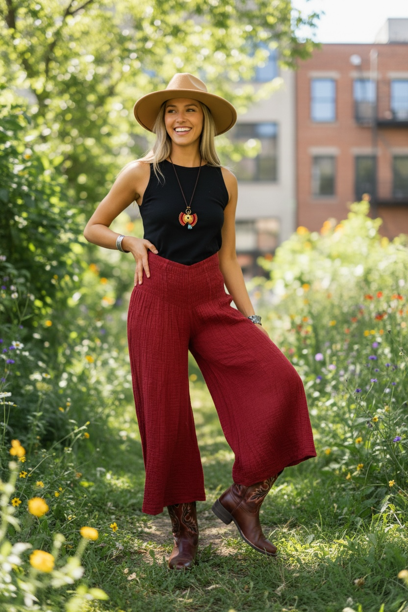 Burgundy Flow Boho Pants – Organic Double Gauze Cotton, Wide Leg Palazzo, Elastic Waist