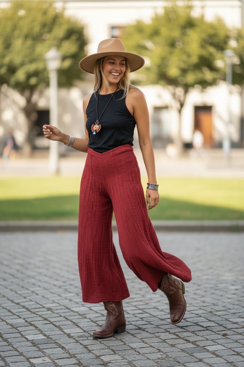 Burgundy Gauze Flow Pants