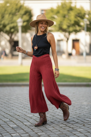 Burgundy Flow Boho Pants – Organic Double Gauze Cotton, Wide Leg Palazzo, Elastic Waist