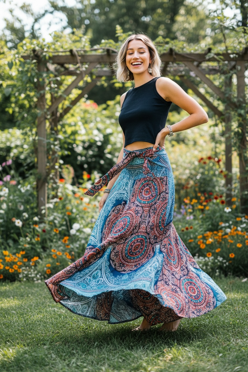 Ocean Mandala Skirt – Boho Flowy Skirt, Effortless Everyday Wear