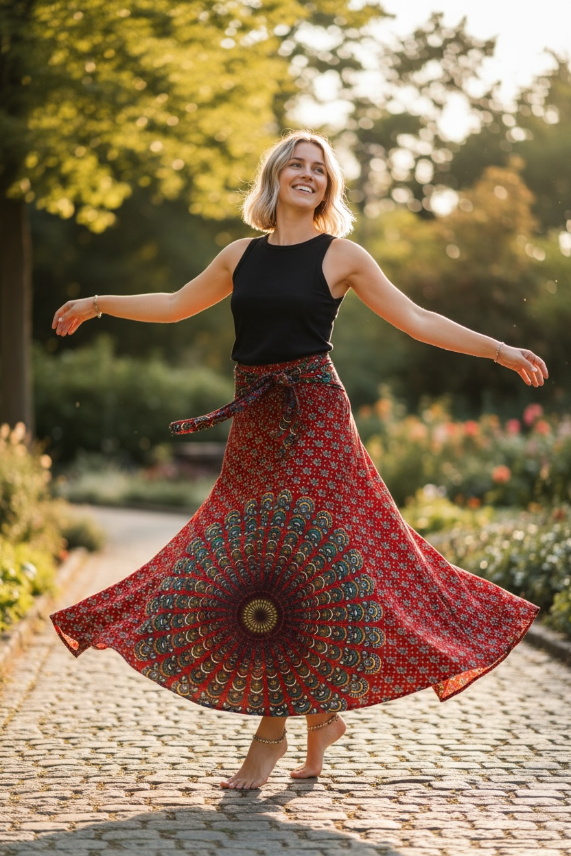 Burgundy Mandala Skirt – Boho Flowy Skirt, Effortless Everyday Wear