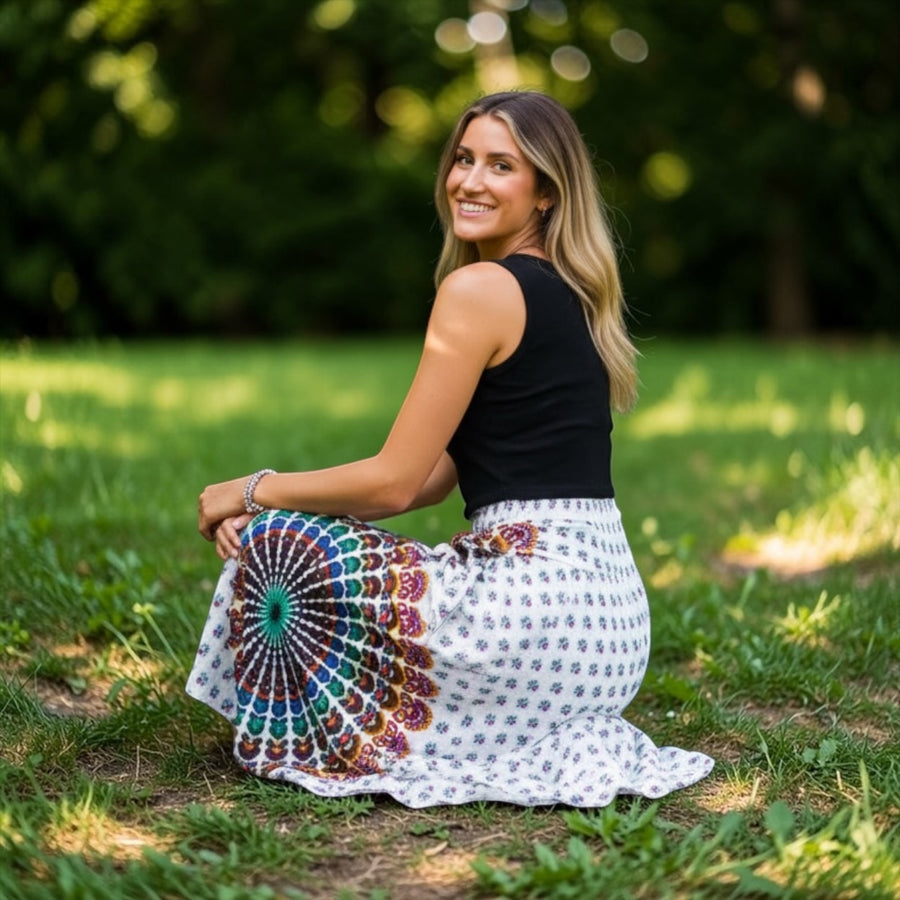 Ivory Mandala Skirt – Boho Flowy Maxi Skirt, Effortless Everyday Wear
