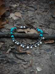 Turquoise & Silver Bell Bracelet | Handwoven Boho Charm