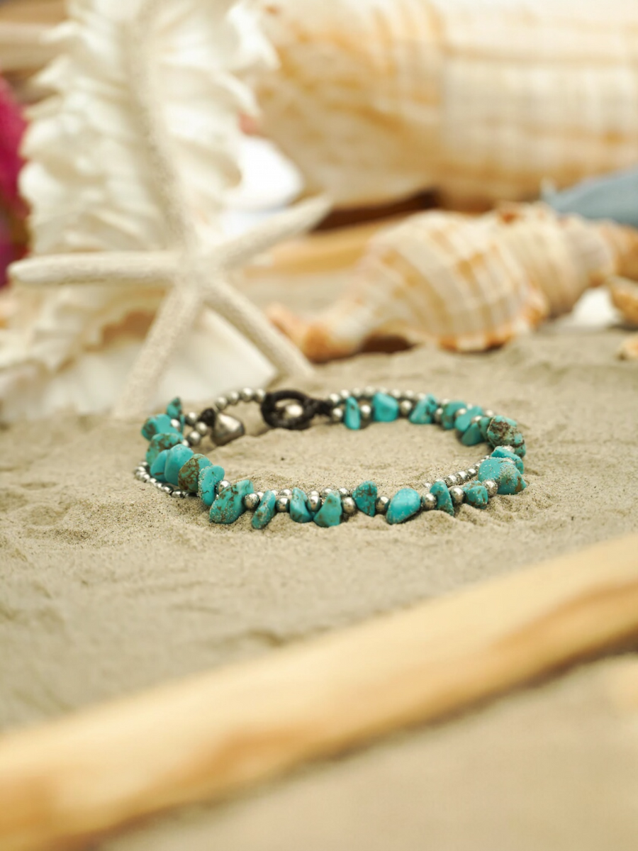 Turquoise Stone Chip Bracelet with Silver Beads