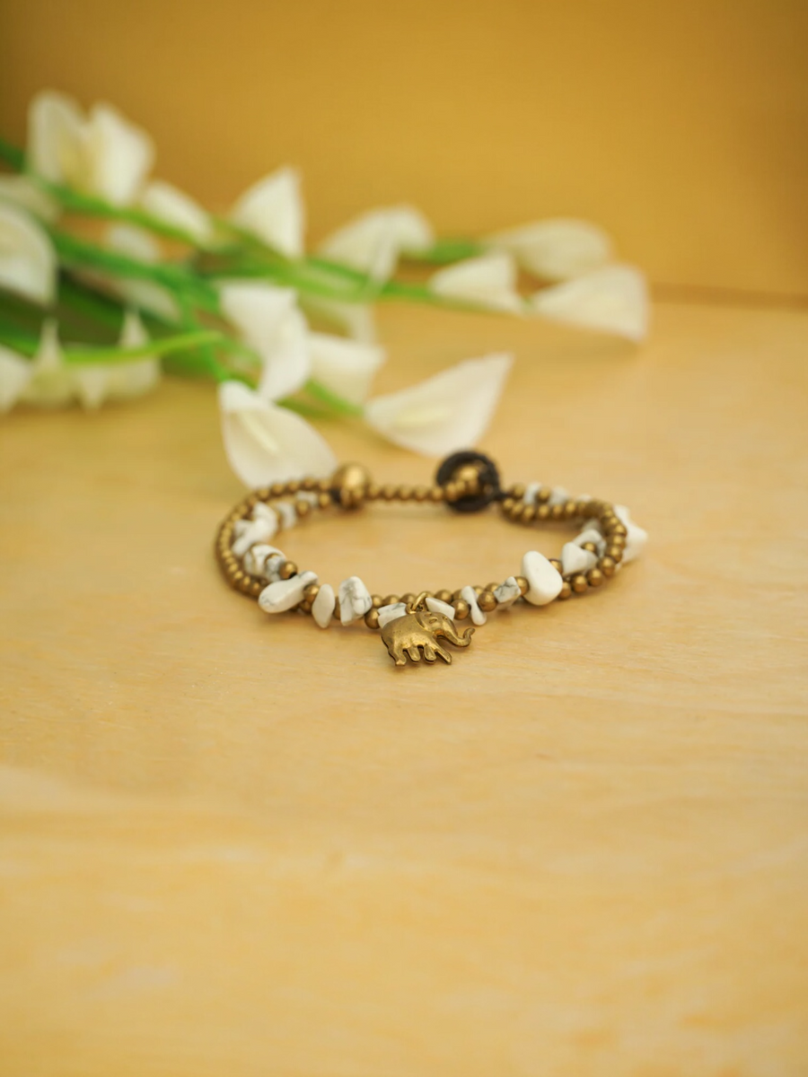 White Chip Stone Elephant Charm Bracelet