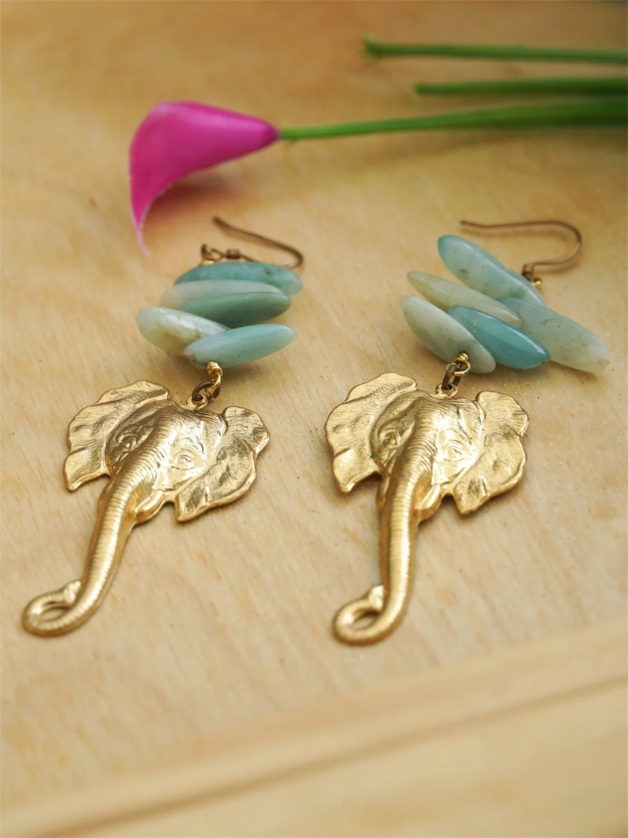 Elephant Dangle Earrings with Aqua Stone Beads Antique Gold