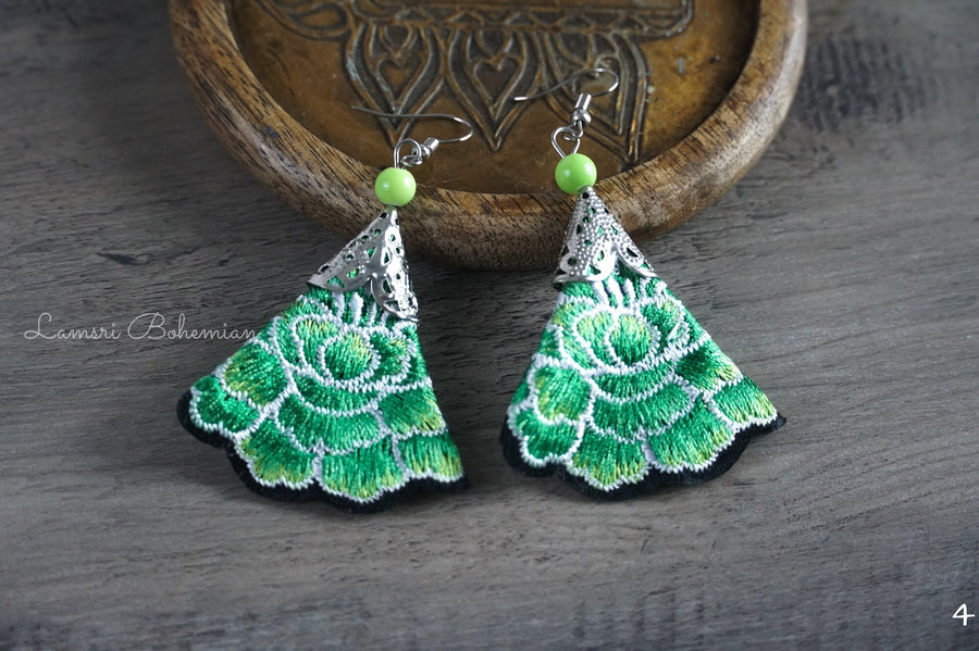 Boho Emerald Bloom Embroidered Earrings