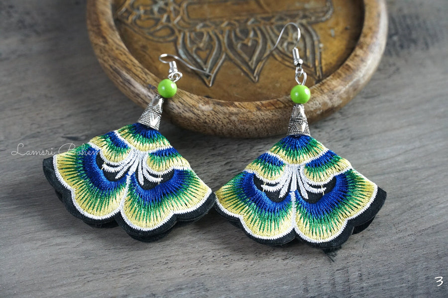 Embroidered Emerald Peacock Earrings