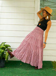 Dusky Rose Raw Crinkled Organic Cotton Gauze Tiered Maxi Skirt